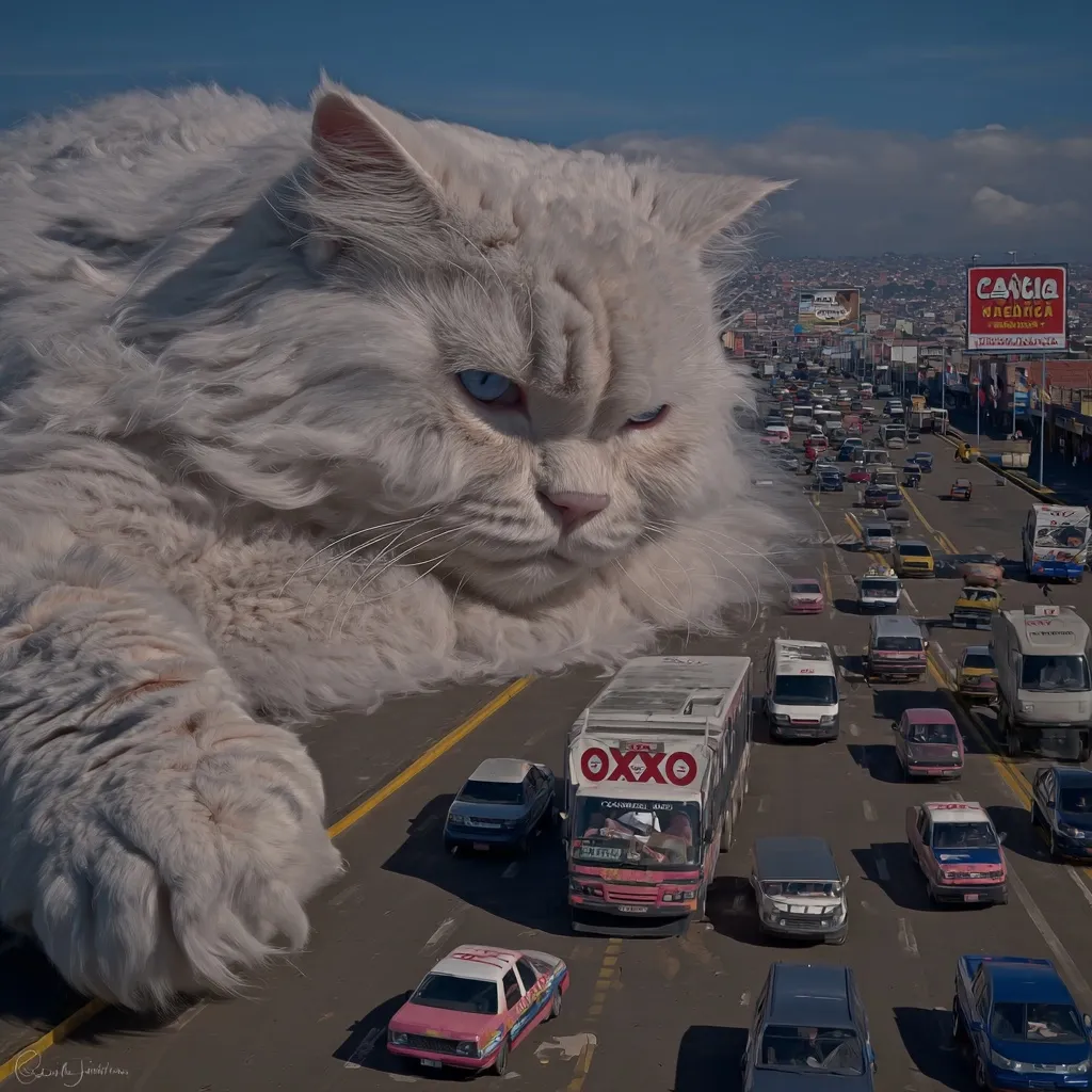 A gigantic white Persian cat dominates a busy city street scene.  Its massive paws rest on the road, dwarfing cars, buses, and trucks. The cat's expression is serious, almost grumpy.  The background shows a cityscape under a bright sky, creating a surreal and humorous juxtaposition of scale.  The overall tone is slightly vintage or retro, enhanced by the color palette.