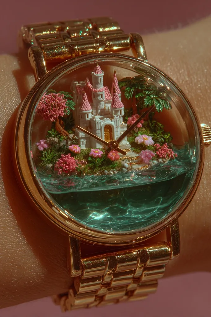 A gold wristwatch with a unique design features a miniature pink castle nestled in a vibrant green ocean scene.  The intricate detail of the castle and surrounding flora is encased in resin, creating a captivating, whimsical effect. The watch's gold band complements the elegant, fairytale-like display within the watch face.