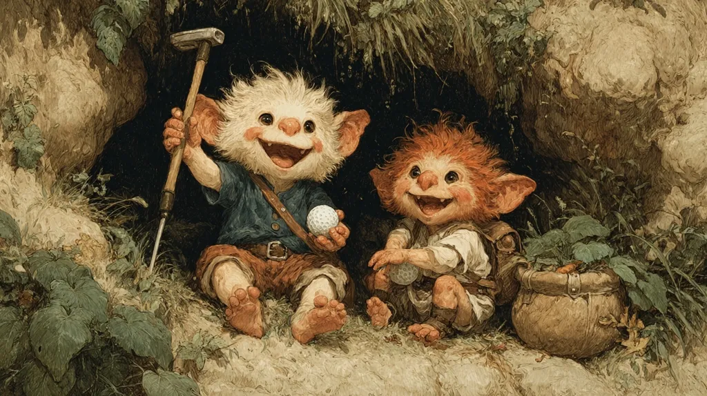 Two whimsical troll-like creatures sit outside a cave. One holds a miniature golf club and ball; the other holds a golf ball and a small bag.  They are brightly colored with large ears and cheerful expressions, nestled amongst lush greenery and rocks. The image is reminiscent of fantasy illustrations, with a detailed painterly style.