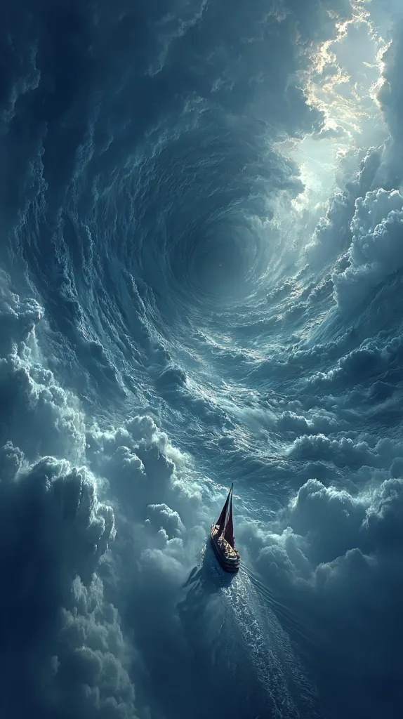 A lone sailboat navigates a surreal seascape of swirling, dark clouds that form a vortex leading to a luminous opening above. The scene is dramatic and otherworldly, with the vessel appearing tiny against the immense, turbulent cloudscape.  The overall impression is one of adventure, mystery, and the insignificance of humanity in the face of nature's grandeur.