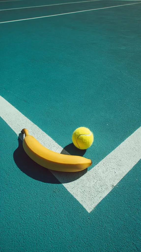 A ripe yellow banana and a tennis ball rest on a teal-colored tennis court.  The banana lies diagonally across a white line marking the court, while the tennis ball sits near the banana.  The scene is brightly lit, casting a shadow from the banana. The overall image is minimalist and visually striking.