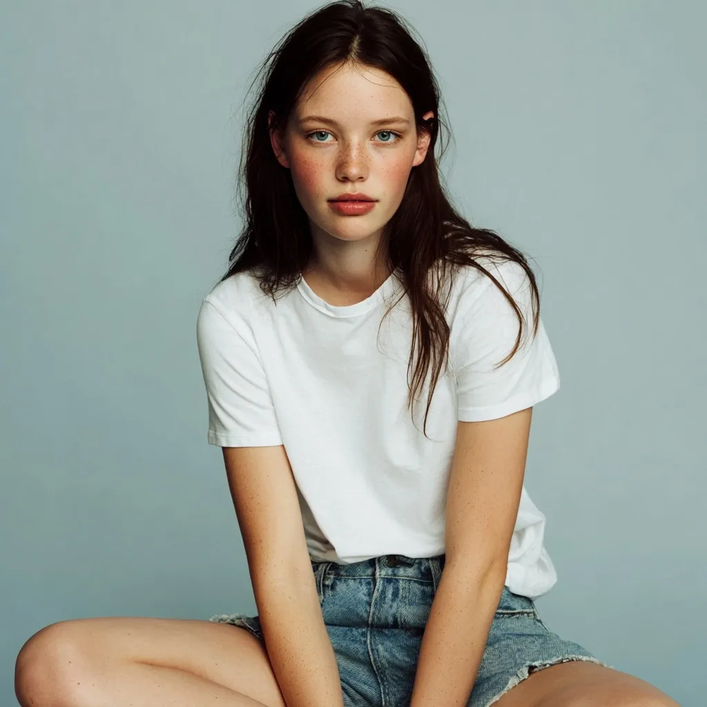 A young woman with long brown hair and freckles sits against a muted blue background. She's wearing a simple white t-shirt and light-wash denim shorts. Her expression is serious and direct, gazing at the camera. The overall style is minimalist and natural, highlighting her features and effortless beauty.  The image has a clean, almost clinical feel.