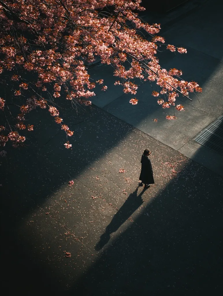 A lone figure, dressed in dark clothing, stands on a sun-dappled pavement. Their long shadow stretches across the ground, emphasizing the solitude. Above, a cherry blossom tree casts delicate pink petals, creating a contrast between the vibrant blooms and the somber mood. The scene evokes a sense of quiet contemplation.