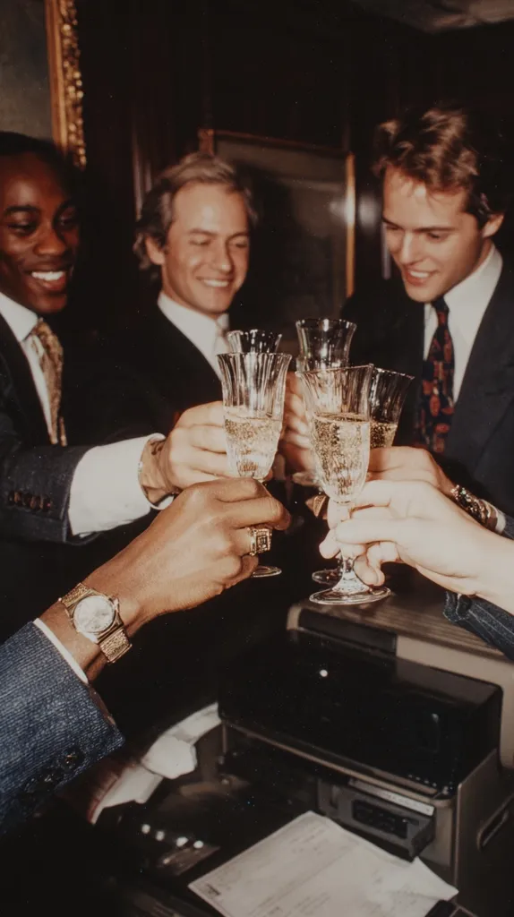 Four men in suits celebrate with champagne flutes, their hands raised in a toast.  The scene is dimly lit, suggesting a sophisticated, possibly private event. The men appear to be enjoying each other's company,  creating a convivial atmosphere.  A dark-colored surface with papers is visible in the foreground.  The image evokes a sense of luxury and celebration.