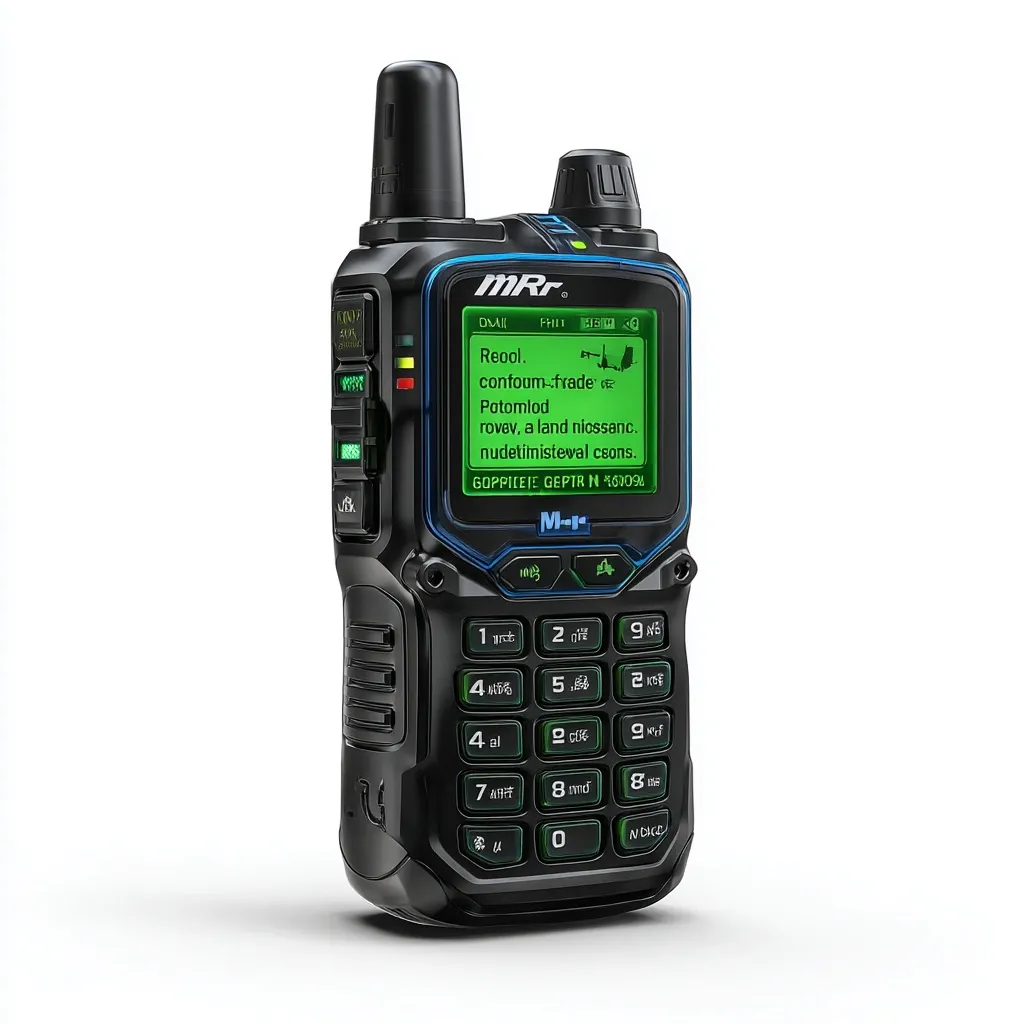 A rugged, black handheld radio, the MRr, displays a green screen with text in an unknown language.  The screen shows a map icon and alphanumeric characters.  The radio features a numeric keypad and various buttons. Its durable design suggests use in demanding environments.  The device's brand is visible on the front.
