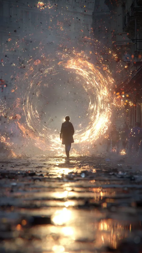 A lone figure walks towards a swirling, fiery portal in a city street.  Sparks and embers rain down as the person approaches the luminous, circular gateway. The scene is both ethereal and slightly ominous, suggesting a journey into the unknown or a transition between worlds. The wet ground reflects the fiery spectacle.