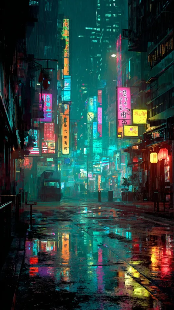 A rain-slicked street in a vibrant, neon-lit Asian city at night.  Buildings tower on either side, their facades adorned with colorful kanji signs and bright advertisements.  The wet pavement reflects the dazzling lights, creating a dazzling, almost surreal atmosphere.  The scene is evocative of cyberpunk aesthetics, with a blend of futuristic technology and traditional architecture.  A sense of solitude permeates the empty street.
