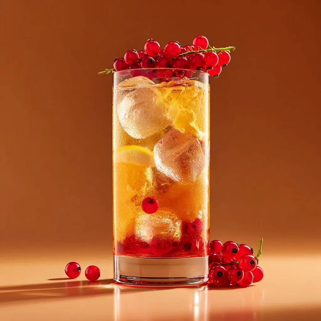 A refreshing summer cocktail is showcased against a warm orange backdrop.  The tall glass is filled with amber liquid, ice cubes, and red currants.  A sprig of red currants adorns the rim, and a few more berries rest near the base.  A slice of lemon is visible within the drink, adding a citrusy touch. The overall image is bright and inviting, perfect for advertising a summer beverage.