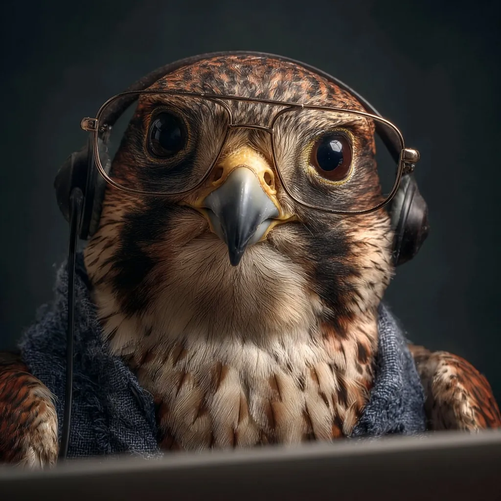 A falcon, wearing glasses and headphones, sits intently before a computer screen.  Its sharp gaze and serious expression create a humorous juxtaposition of a wild bird in a human-like office setting. The dark background enhances the focus on the bird's detailed plumage and the spectacles perched on its beak.  The image is a clever blend of wildlife and professional attire.