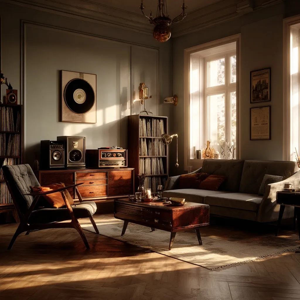 A sun-drenched mid-century modern living room features rich wood tones and vintage stereo equipment.  A comfortable grey sofa sits opposite a stylish armchair, with a coffee table between them.  Record players, a bookcase filled with vinyl, and framed artwork complete the nostalgic atmosphere.  Sunlight streams through large windows, highlighting the warm, inviting space.
