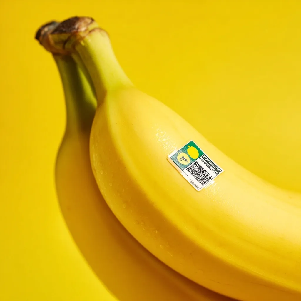 Two ripe bananas, bright yellow and slightly curved, are nestled together against a vibrant yellow background.  A small green sticker with a QR code and text is affixed to one banana.  The image is sharply focused, highlighting the smooth texture and subtle shadows of the fruit. The overall mood is cheerful and suggestive of freshness.
