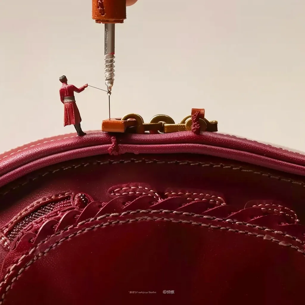 A miniature figure in red attire uses a tiny drill to seemingly repair a metallic clasp on a rich burgundy leather handbag. The intricate stitching and detailed craftsmanship of the bag are highlighted against a muted background. The scene is a whimsical juxtaposition of scale and meticulous detail, suggesting a handcrafted or artisanal process.