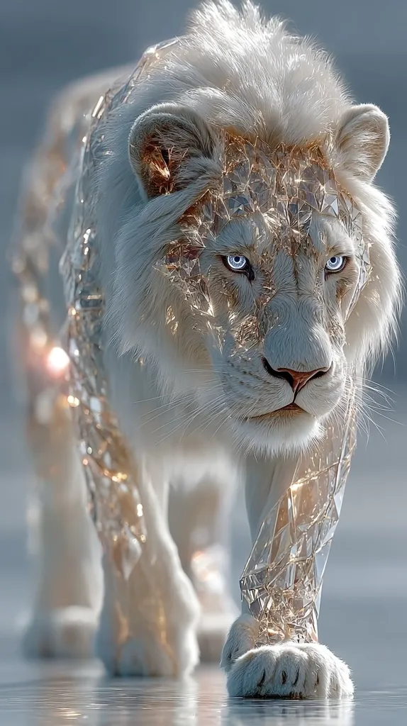 A majestic white lion, seemingly composed of both fur and shimmering, crystalline shards, strides forward.  Its piercing blue eyes command attention.  The light catches the fractured glass, creating a mystical, ethereal glow around the lion's powerful frame.  It walks across a reflective surface, mirroring its regal presence.