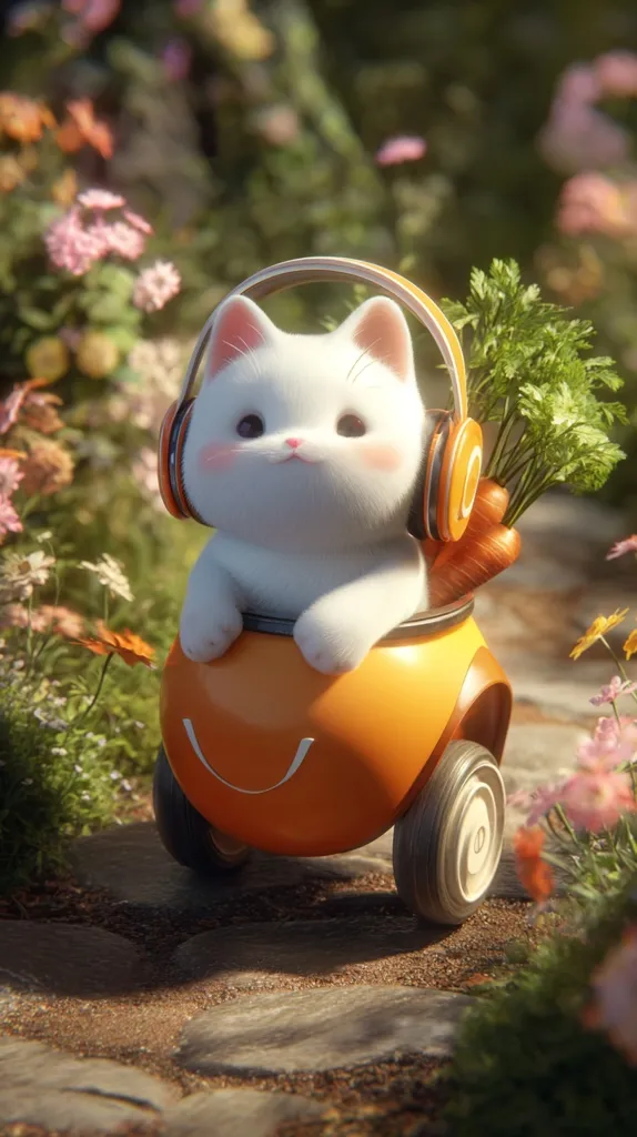 A cute, white, cartoon cat wearing headphones sits in an orange, smiley-faced vehicle.  The car has small wheels and carries a bunch of green herbs and a carrot. The scene is set in a whimsical garden path surrounded by colorful flowers.  The overall style is digitally rendered and charmingly stylized.