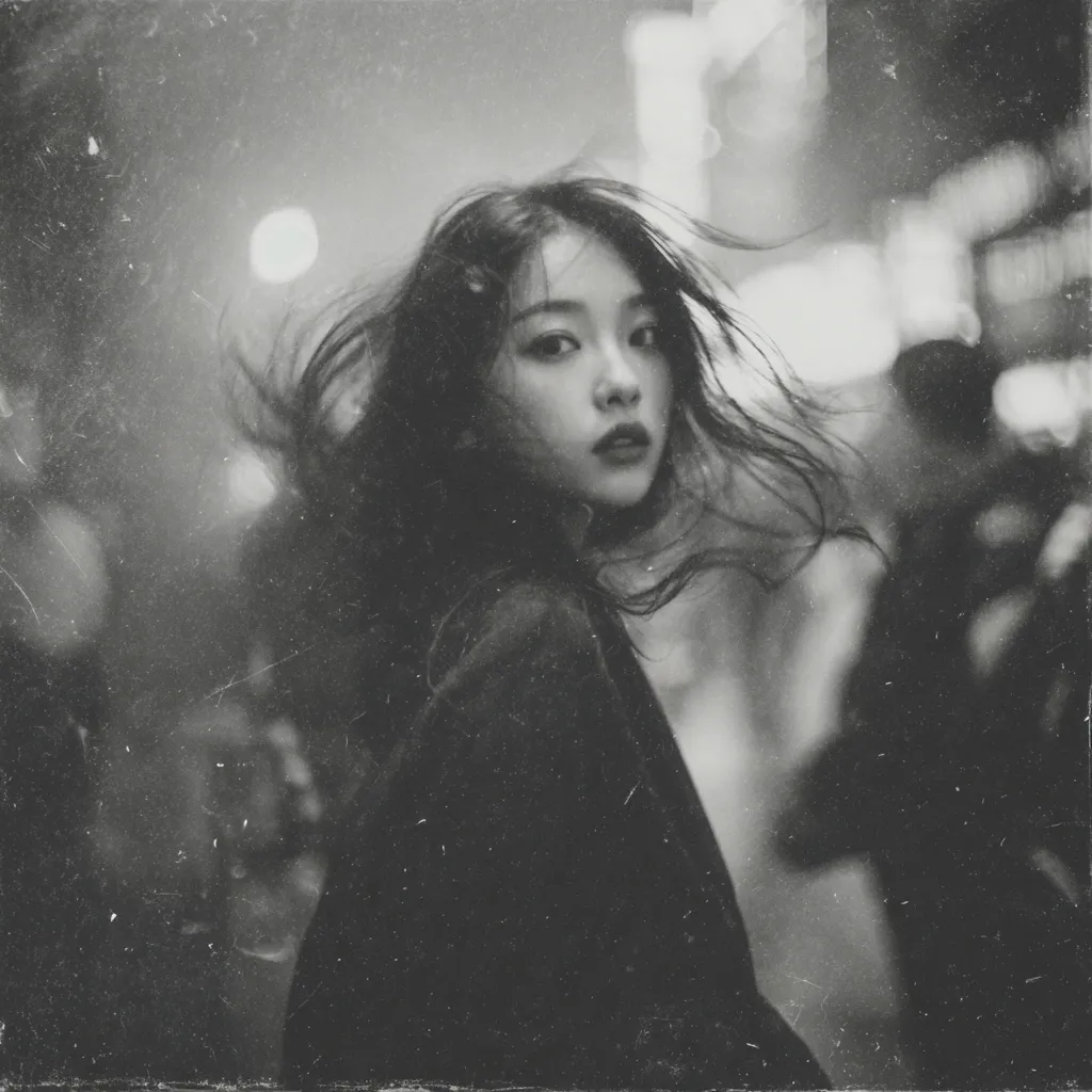 A black and white, grainy photograph captures a young woman with windswept hair.  She looks over her shoulder, her expression serious. The background is blurred, suggesting a city street at night. The image has a vintage, slightly melancholic feel, emphasized by the monochromatic palette and textured grain.  The focus is sharply on the woman, isolating her within the indistinct urban scene.