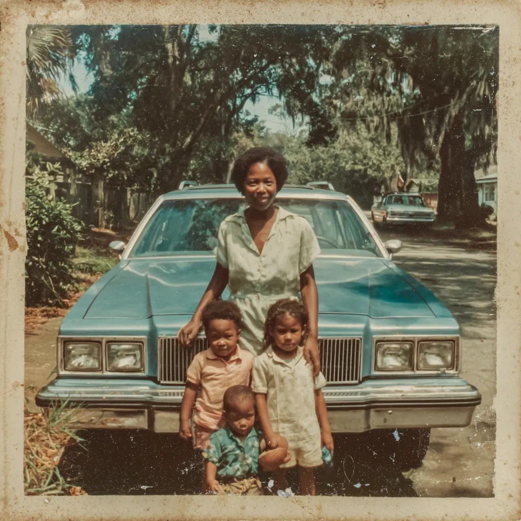 A vintage photo shows a smiling Black mother standing proudly with her three young children in front of a light blue station wagon.  The family is dressed in light-colored clothing. The setting appears to be a residential street, lined with trees. The image has a nostalgic, faded quality, reminiscent of a cherished family memory.