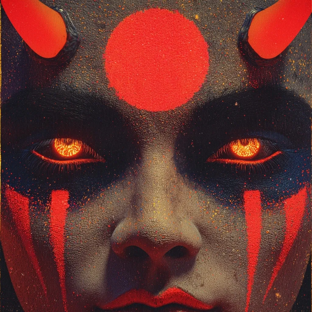 A close-up of a stylized face, possibly demonic, adorned with fiery red markings and horns.  Burning orange eyes glow intensely.  A large, red circle sits centrally on the forehead, adding to the otherworldly, intense aesthetic. The dark skin is textured, suggesting a rough or painted surface. The overall impression is one of power and otherworldly menace.