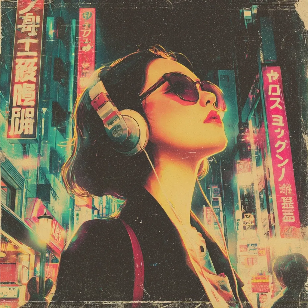 A stylized illustration of a young woman with headphones, wearing sunglasses, set against a vibrant backdrop of a neon-lit, bustling Asian city street at night. The image features a retro aesthetic with a textured, vintage feel, reminiscent of 80s cyberpunk or synthwave art.  Japanese characters are visible on signs in the background, adding to the atmospheric setting. The woman's expression is serene, yet captivated by her surroundings.