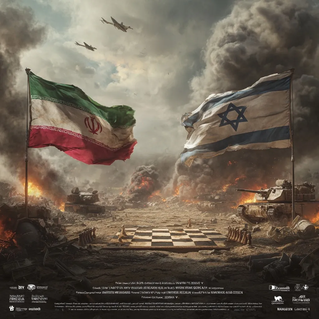 A post-apocalyptic battlefield is depicted, strewn with wreckage and burning tanks.  The flags of Iran and Israel stand amidst the devastation, their tattered state symbolizing conflict. A chessboard sits centrally, representing the strategic nature of the war.  Planes fly overhead, adding to the sense of ongoing conflict. The image suggests a tense geopolitical scenario.