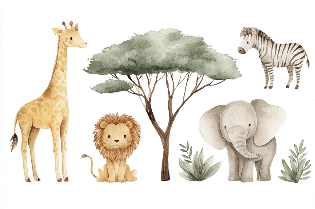 An adorable watercolor illustration featuring a collection of African animals.  A giraffe, lion, elephant, and zebra are depicted in a charming, childlike style.  A large acacia tree and leafy bushes form a picturesque savannah setting. The animals are rendered in soft, muted tones, creating a gentle and peaceful scene.