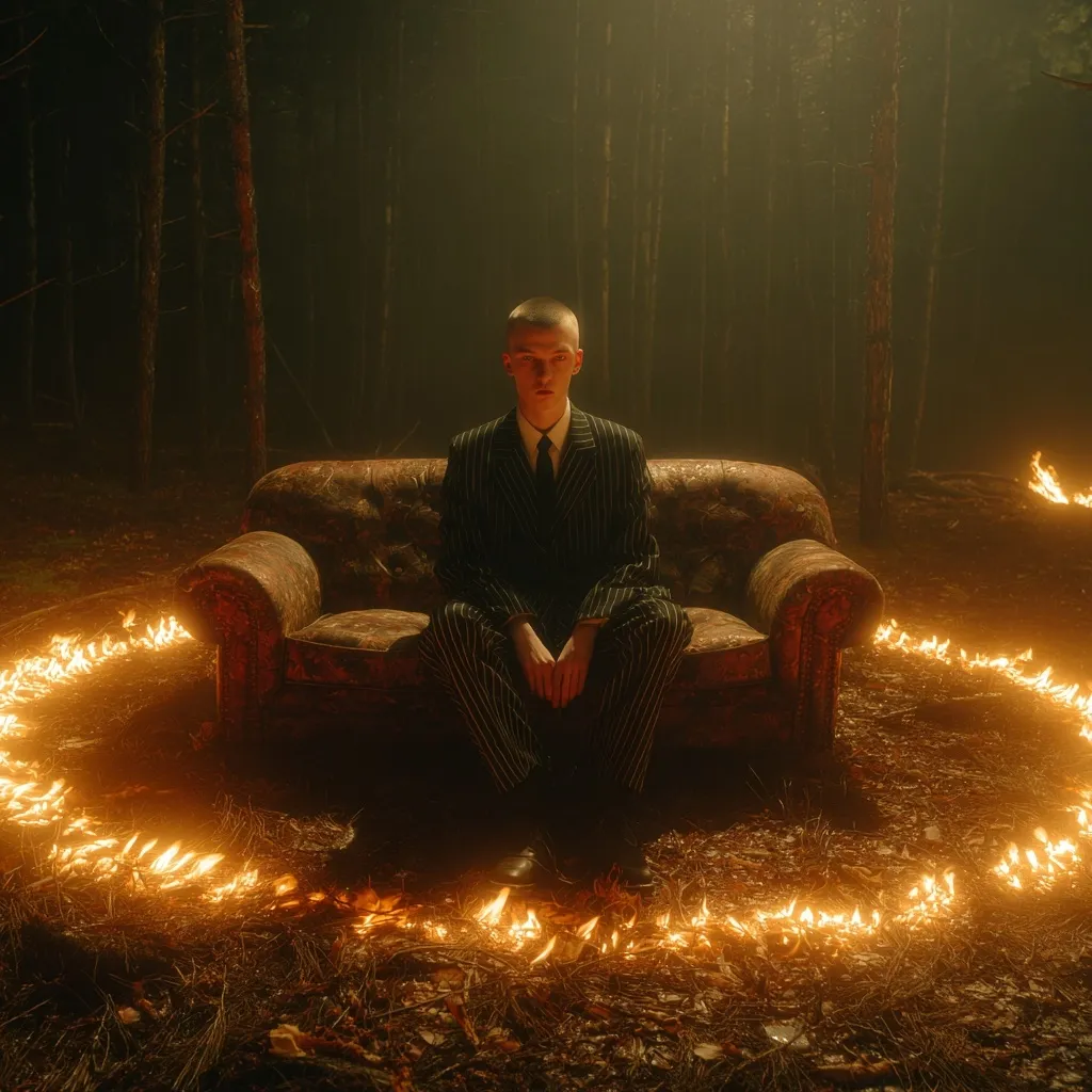 A young man in a pinstripe suit sits calmly on a worn couch in a dark forest.  A ring of fire encircles the couch, creating a surreal and mysterious atmosphere.  The scene is dimly lit, emphasizing the contrast between the man's formal attire and the wild, fiery setting.  The overall mood is one of enigmatic stillness and unexpected juxtaposition.