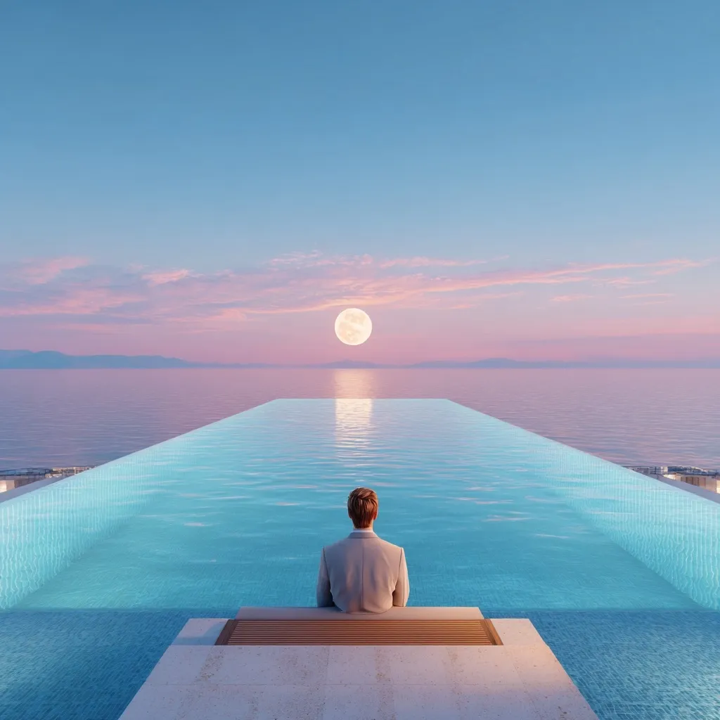 A man in a light gray suit sits on a deck overlooking a large infinity pool.  The pool extends to the horizon, mirroring a full moon in a tranquil, pastel-colored sky at sunset.  The scene is serene and peaceful, conveying a sense of calm and solitude.  Distant land is barely visible on the horizon.