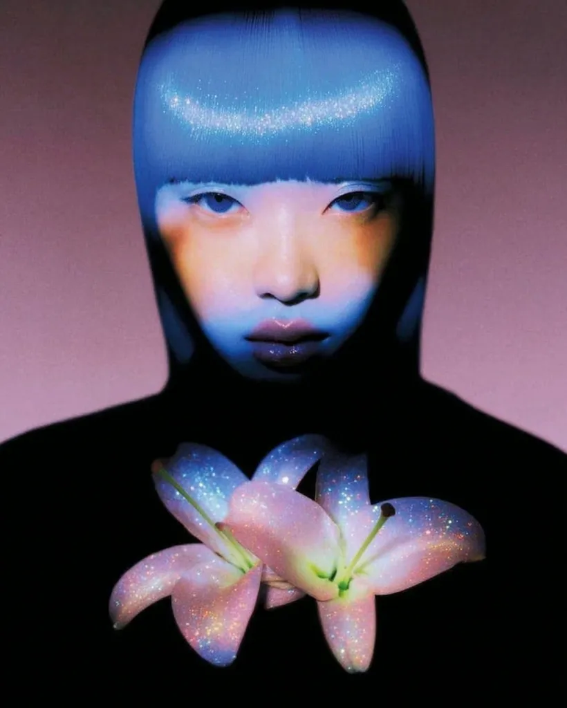 A close-up shot features a person with vibrant blue, glitter-infused hair styled in a blunt fringe.  Their face is partially obscured by a projected, iridescent blue and pink light, creating a dreamy, ethereal effect.  Two sparkling, pastel pink lilies rest on their chest, adding to the magical, otherworldly ambiance.  The overall mood is surreal and artistic.