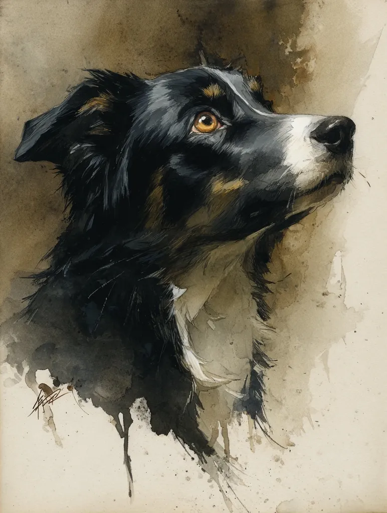 A watercolor painting showcases a border collie's head and shoulders, gazing upward.  The dog's black and tan coat is rendered with loose, expressive brushstrokes, emphasizing texture.  The background is a muted palette of browns and tans, creating a sense of depth and atmosphere.  The artist's signature is subtly placed near the bottom left.  The overall style is evocative and impressionistic.
