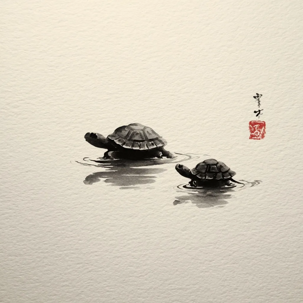 A minimalist ink painting depicts two turtles swimming in calm water.  The larger turtle leads, while a smaller one follows.  The style is reminiscent of East Asian art, with subtle shading and a focus on negative space.  A small red seal adds an artistic touch, completing the serene composition.  The textured paper enhances the overall aesthetic.