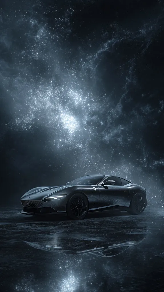 A sleek, dark-colored Ferrari sports car rests on a reflective surface, its reflection mirroring the vehicle beneath a dramatic, cosmic backdrop. The night sky is filled with swirling nebulae and glittering stars, creating a surreal and otherworldly atmosphere. The car's dark hue contrasts beautifully with the light emanating from the celestial display, making it the focal point of this artistic composition.
