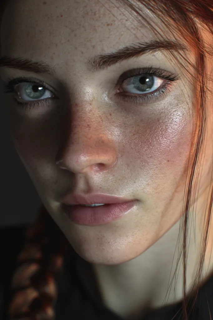Close-up portrait of a young woman with freckles and light-colored eyes. Her expression is serious and contemplative.  Soft lighting accentuates her features, highlighting her skin's texture.  A strand of reddish-brown hair falls across her cheek. The overall mood is intimate and slightly melancholic.