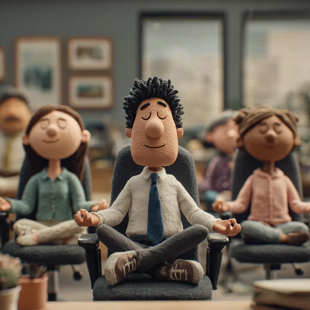 A claymation scene depicts a group of office workers seated in chairs, eyes closed, practicing mindfulness or meditation. The central figure, a man in a light-colored shirt and tie, sits cross-legged, embodying tranquility.  Surrounding him, other colleagues participate in the calming exercise.  The setting is a blurred office background, emphasizing the focus on the meditative practice.