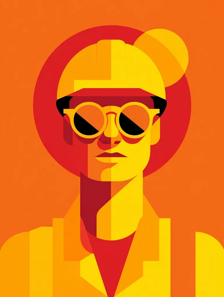 A stylized portrait of a construction worker.  The image uses bold, geometric shapes in shades of orange and yellow. The worker wears a hard hat, safety glasses, and a high-visibility vest.  The design is minimalist and impactful, focusing on strong lines and contrasting colors to create a striking visual. The overall feel is modern and graphic.