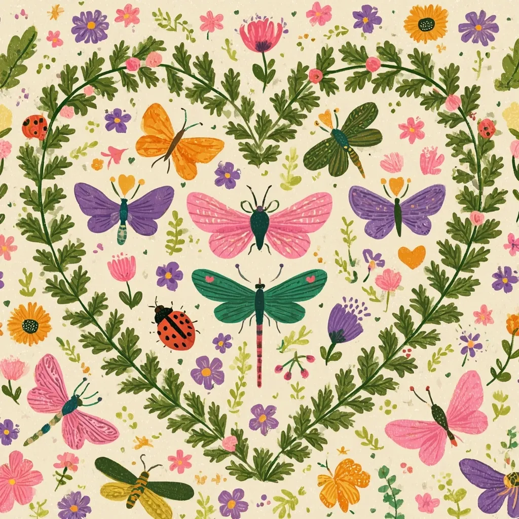 A charming illustration features a heart shape formed by leafy vines, filled with colorful butterflies, dragonflies, ladybugs, and various flowers. The insects and blooms are rendered in a whimsical, folk-art style, boasting vibrant hues and playful details.  The overall design evokes a sense of springtime joy and natural beauty. The pale background complements the bright colors of the floral and insect motifs.
