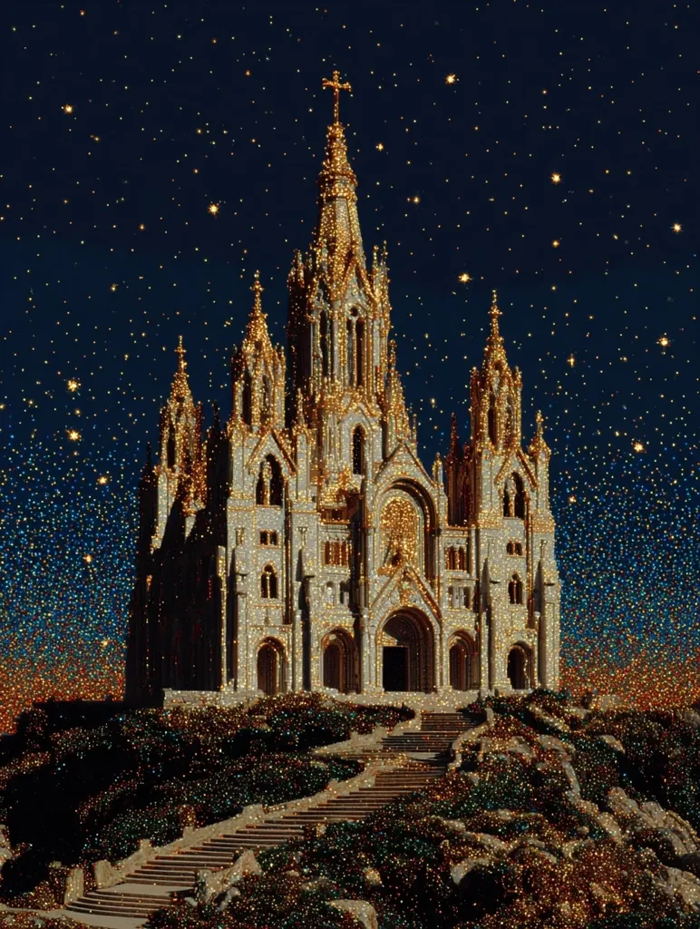 A majestic, glittering church stands atop a hill under a starry night sky.  The building is adorned with gold accents, appearing as if covered in sparkling dust.  A grand staircase leads up to the church's entrance. The entire scene is dreamlike and ethereal, with a captivating blend of architectural grandeur and celestial beauty. The dark sky is speckled with countless shimmering points of light.