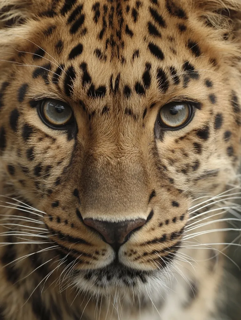 A close-up shot reveals the intense gaze of a young Amur leopard.  Its captivating eyes, flecked with gray and green, are framed by a dense coat of tawny fur, intricately patterned with dark rosettes.  The leopard's nose is prominent, and its whiskers subtly extend outward. The overall impression is one of wild beauty and untamed power.