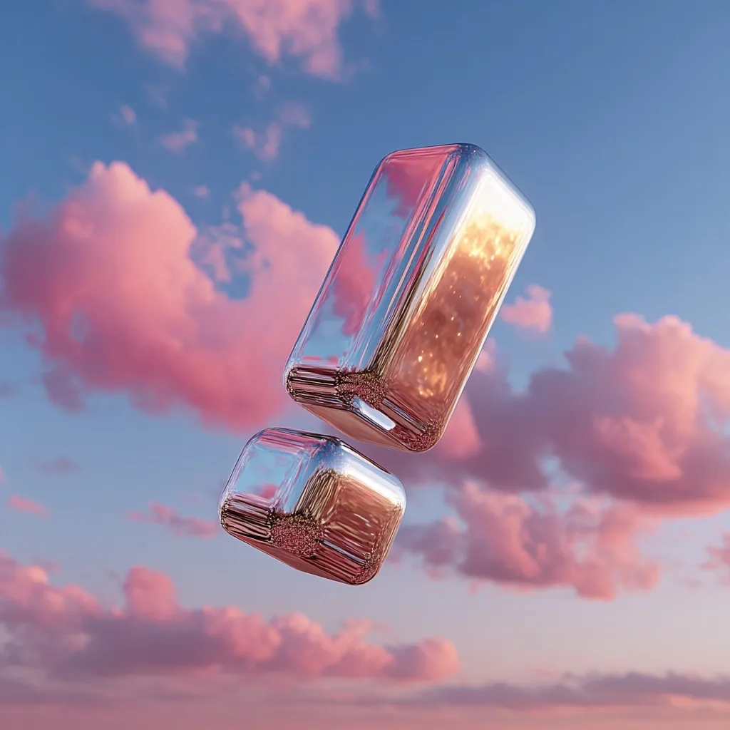 A metallic exclamation point, composed of two reflective, cubic segments, floats against a backdrop of a vibrant, pastel sunset sky.  The sky is filled with soft pink and blue clouds, providing a dreamy contrast to the sharp, geometric shape of the exclamation mark.  The reflection of the clouds on the metallic surface adds depth and visual interest.