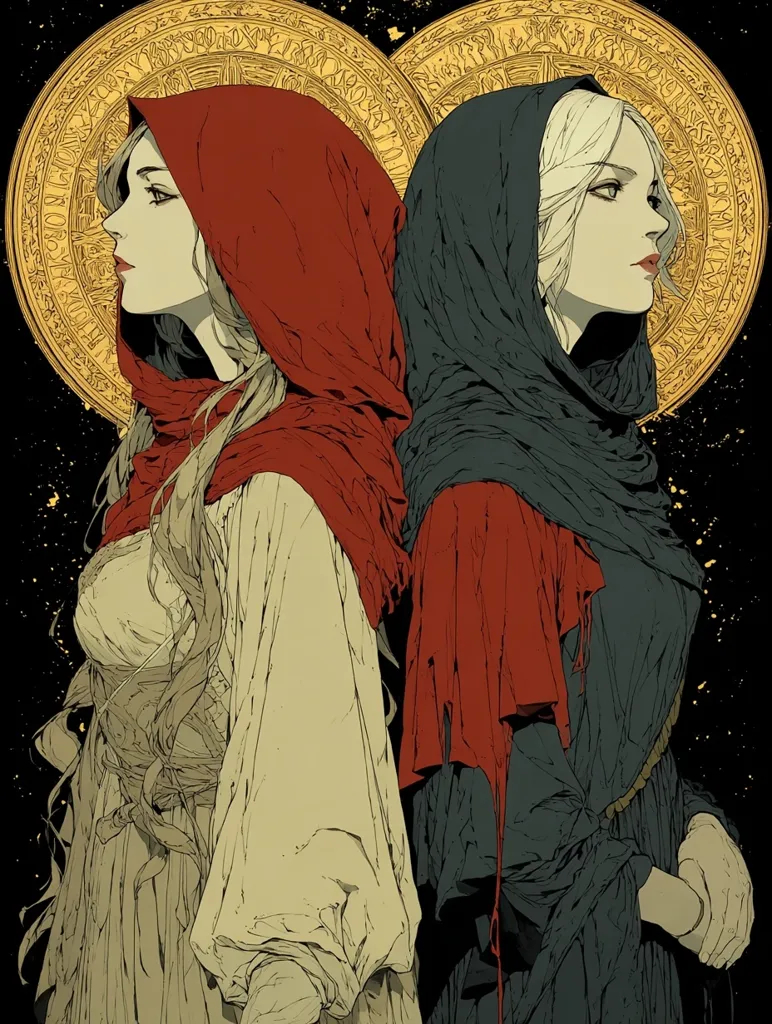 The artwork depicts two women, side-by-side, in profile view.  One wears a red hooded cloak, the other a dark grey one. Their clothing is stylized, with flowing fabrics and intricate detailing.  Both women have long, flowing hair and serene expressions.  They are framed by a large, ornate, golden circular motif suggesting a celestial or mystical background. The overall style is elegant and evocative, blending fantasy and realism.
