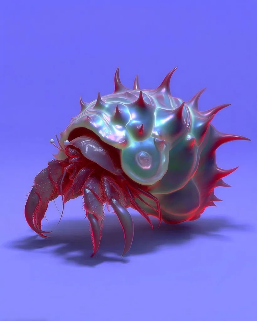 A digital rendering showcases a hermit crab inhabiting a uniquely designed shell. The shell is iridescent, exhibiting a pearly sheen with vibrant red and pink highlights, and is adorned with sharp, pointed protrusions. The crab's body is visible, partially emerging from the shell, contrasting its realistic texture with the shell's surreal design. The image is set against a smooth, solid purple backdrop, enhancing the shell's otherworldly quality.
