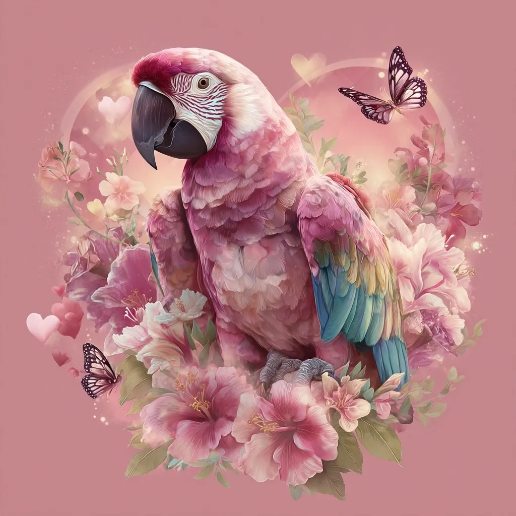 A vibrant pink macaw is the centerpiece of this romantic illustration.  Surrounded by a profusion of blush-toned hibiscus and other flowers, the bird is depicted in a heart-shaped arrangement.  Delicate butterflies flutter nearby, adding to the whimsical and loving atmosphere.  The overall aesthetic is soft, dreamy, and evocative of a gentle, romantic mood.