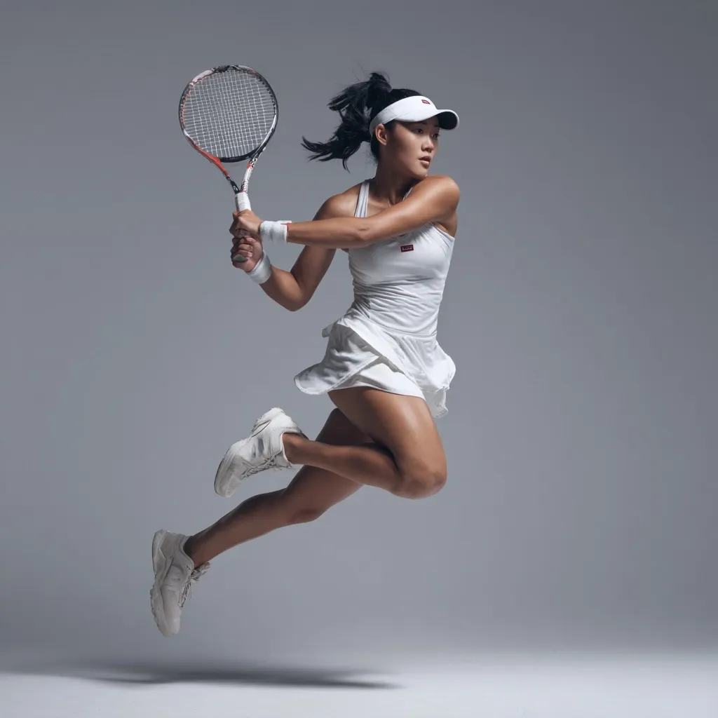 A female tennis player, clad in a white tennis dress and visor, dynamically leaps mid-swing.  Her focused expression and powerful stance showcase athleticism and grace.  She holds her racket high, poised to strike the ball. The image is set against a muted grey backdrop, emphasizing the player's motion and strength.