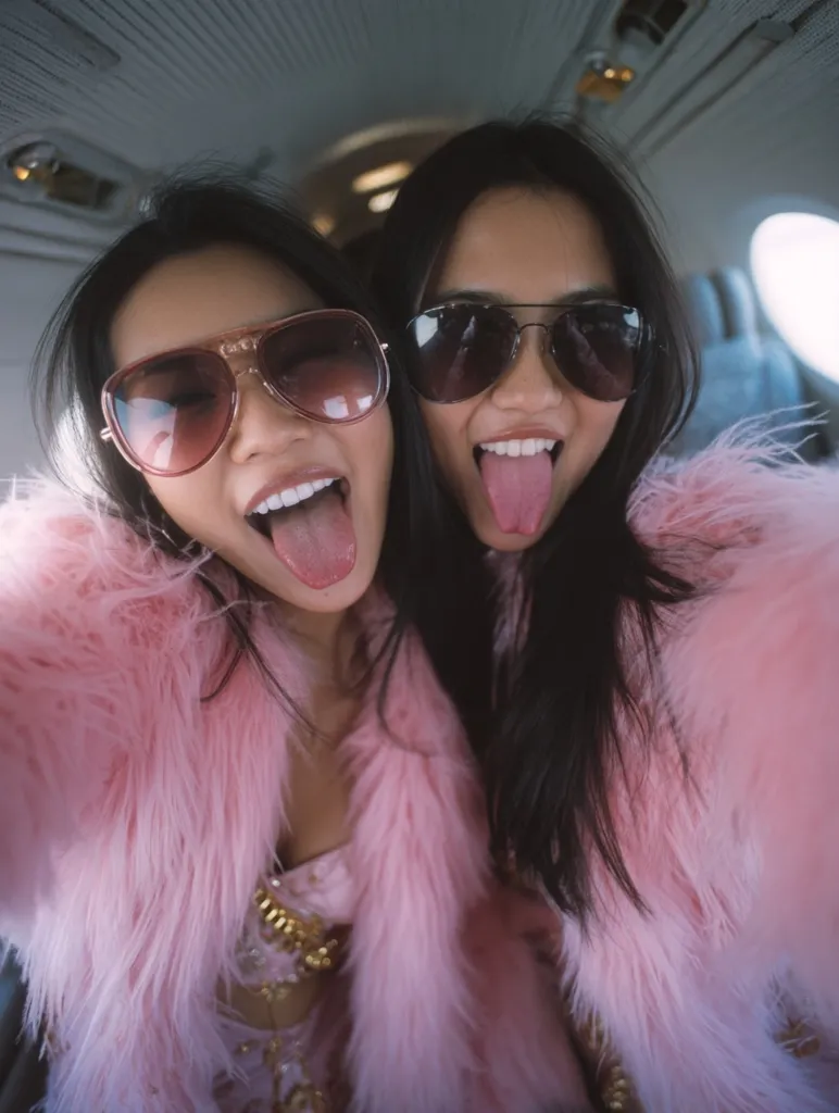 Two young women, wearing pink fluffy coats and sunglasses, sit close together inside an airplane.  They playfully stick out their tongues in a selfie.  Their long dark hair frames their faces.  One woman wears a gold necklace. The overall mood is fun and carefree.
