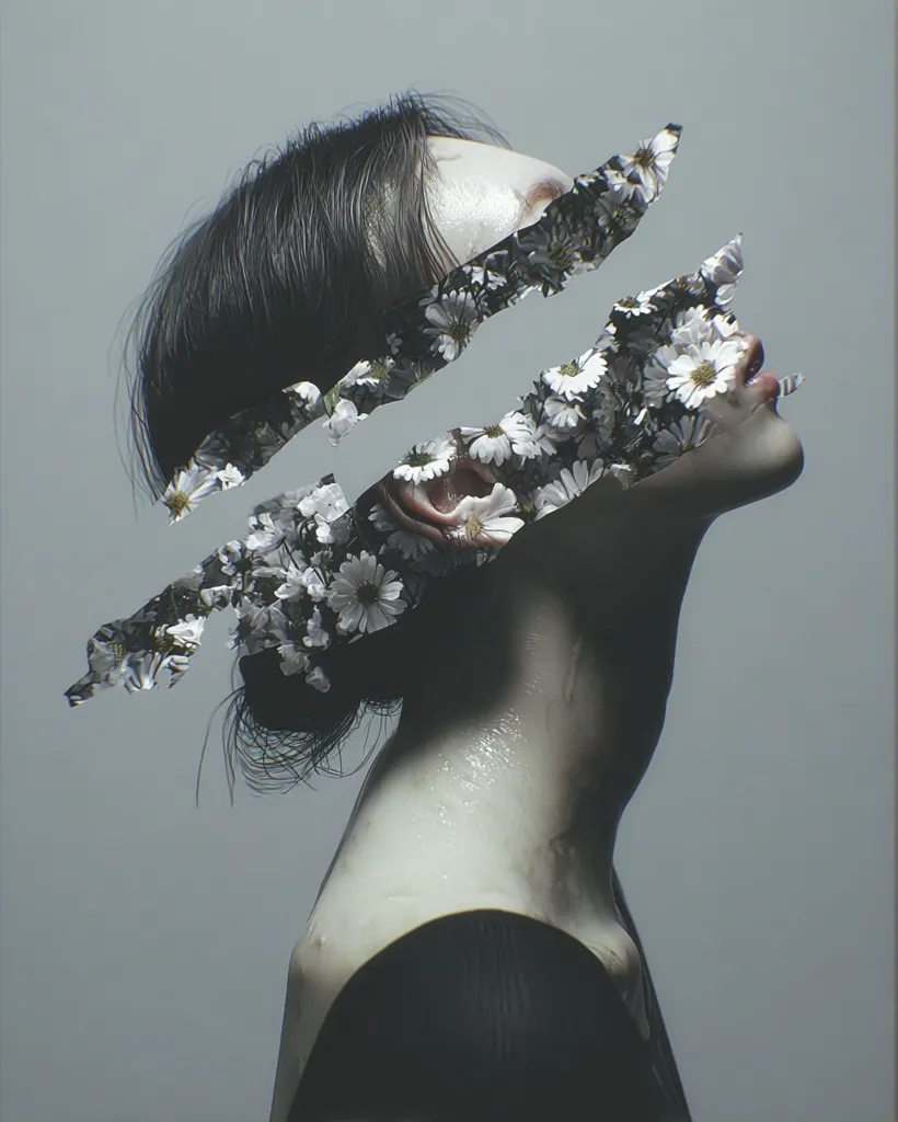 A surreal digital portrait depicts a woman's head and neck, partially obscured by a fragmented overlay of white daisies.  The flowers seem to burst from within her, creating a fractured, ethereal effect.  Her skin appears smooth and pale, contrasting with the dark hair and the stark background. The overall mood is one of melancholic beauty and fragmented identity.