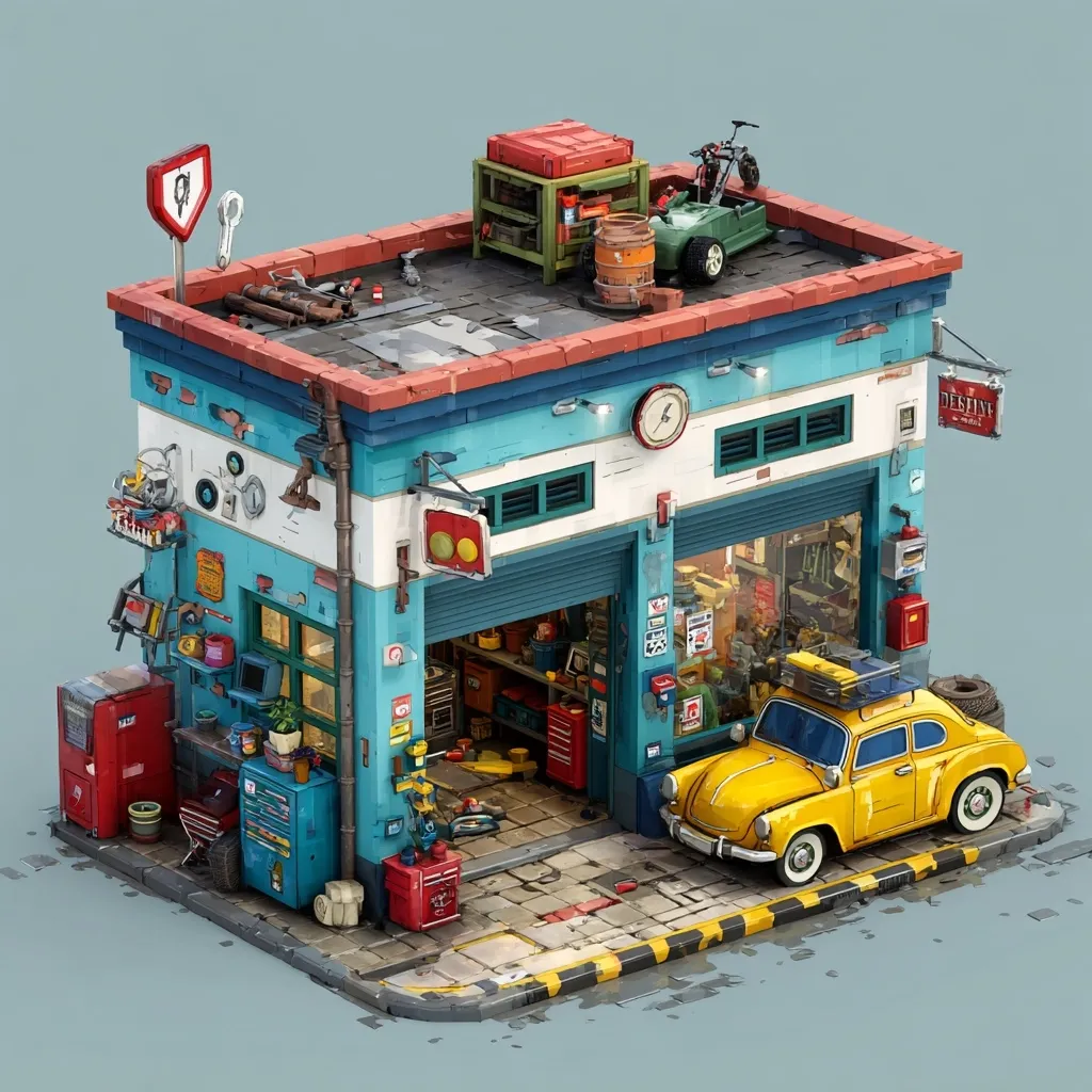 A charming, cluttered auto repair shop is depicted in a stylized 3D rendering. The teal building boasts a rooftop filled with tools and equipment, while the interior overflows with parts and machinery.  A yellow classic car sits outside, adding to the whimsical scene.  The overall style is reminiscent of a diorama, detailed and brimming with character.  Various signs and trinkets adorn the exterior, contributing to its busy, lived-in atmosphere.