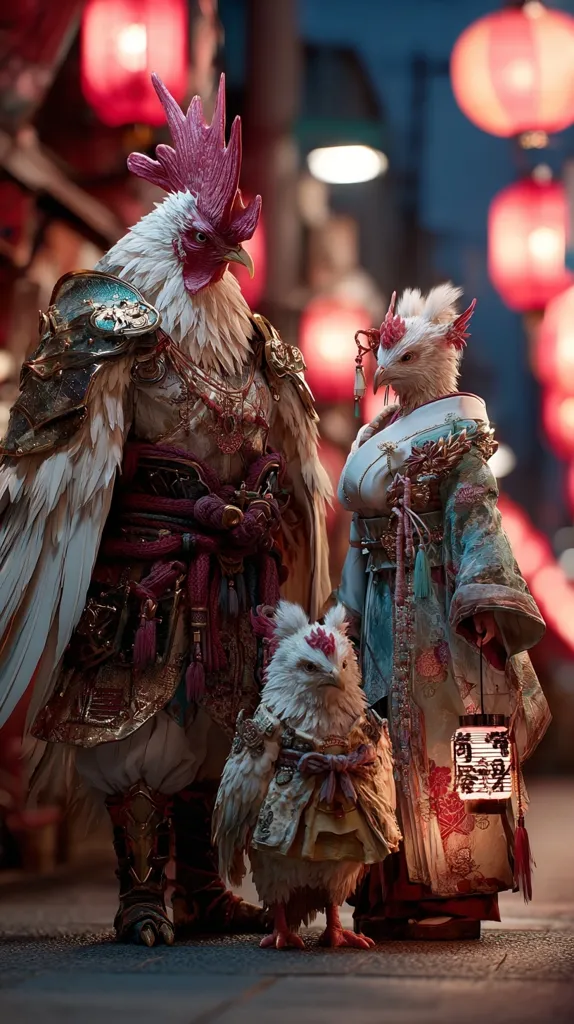 A rooster, hen, and chick, anthropomorphized in ornate Asian-inspired clothing, stand on a cobblestone street.  The rooster wears armor, the hen a kimono, and the chick a miniature version of the hen's attire. Red lanterns illuminate the background, suggesting a festive atmosphere. The detailed costumes and setting create a fantastical, almost mythical scene.