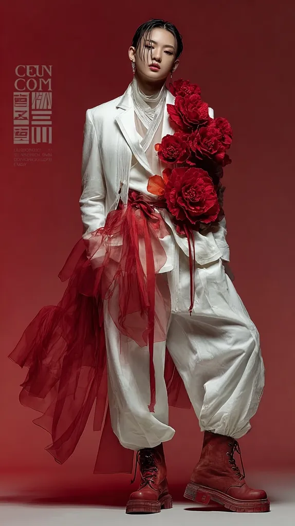 A young man with dark hair styled back, models a unique ensemble. He wears a white, loose-fitting suit with pleated detailing and wide-legged pants.  A dramatic red sheer fabric cascades from his waist, adorned with a large bouquet of artificial red roses.  His footwear consists of burgundy combat boots. The backdrop is a deep crimson, enhancing the overall dramatic and artistic effect.