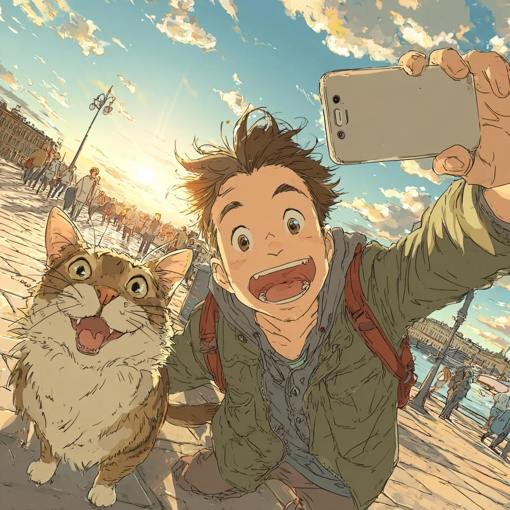 A cheerful anime-style boy takes a selfie with his equally joyful cat companion.  They are outdoors on a sun-drenched cobblestone street, with a cityscape and waterfront visible in the background.  The boy wears a green jacket and backpack, and the cat sits beside him, both mouths open in wide, happy expressions. The overall mood is bright and carefree.