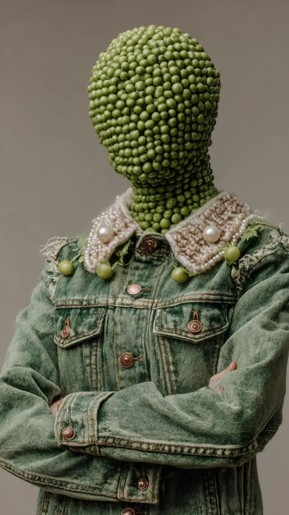 A surreal image depicts a figure with a head crafted entirely from tightly packed green peas.  The pea-head is adorned with a crocheted collar featuring pearl accents and small green additions, mimicking a stylish jacket.  The figure wears a distressed, olive-green denim jacket, arms crossed, presenting a striking juxtaposition of organic and manufactured elements in a fashion-forward style.