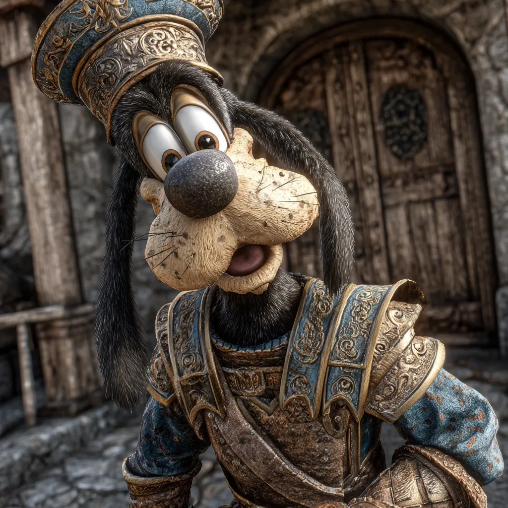 A close-up shot reveals Goofy, rendered in a hyperrealistic style, dressed in ornate, medieval-style armor.  His expression is one of surprised curiosity, his large eyes wide. The armor shows signs of wear and age, enhancing the realism of the scene.  The background features a rustic, stone building with a weathered wooden door.