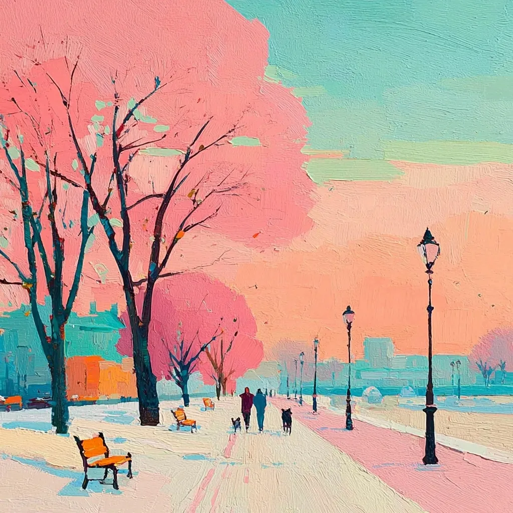 A vibrant, impressionistic painting depicts a snowy park path at sunset.  Pink-hued trees line the path, their bare branches contrasting with the warm-toned sky.  Figures stroll along the path, accompanied by small dogs.  Streetlights stand tall, casting a gentle glow. The snow-covered ground and pastel colors create a serene and dreamlike winter scene.